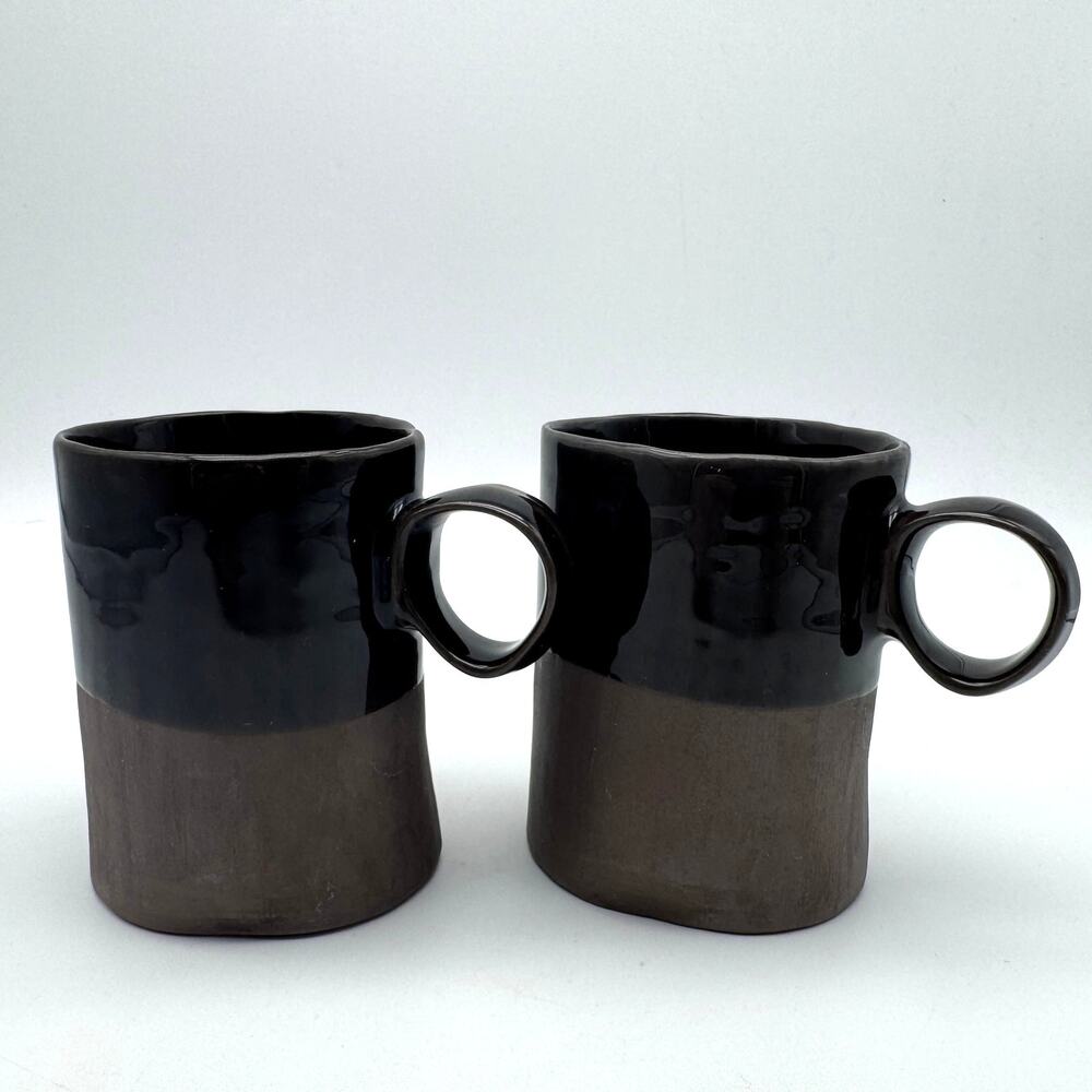 2 World Market Pottery Coffee Cup Mug Black Brown Rustic Ring Handle Stoneware